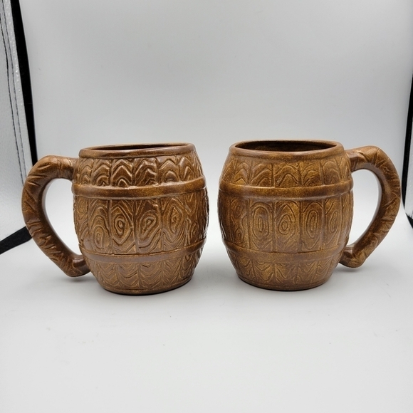 Vintage Brown Barrel Ceramic Coffee Mugs - Set of 2 - Picture 1 of 5